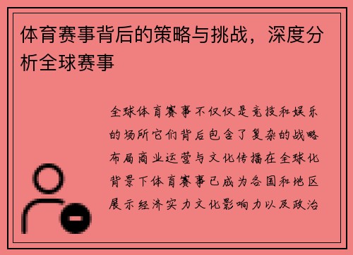 体育赛事背后的策略与挑战，深度分析全球赛事